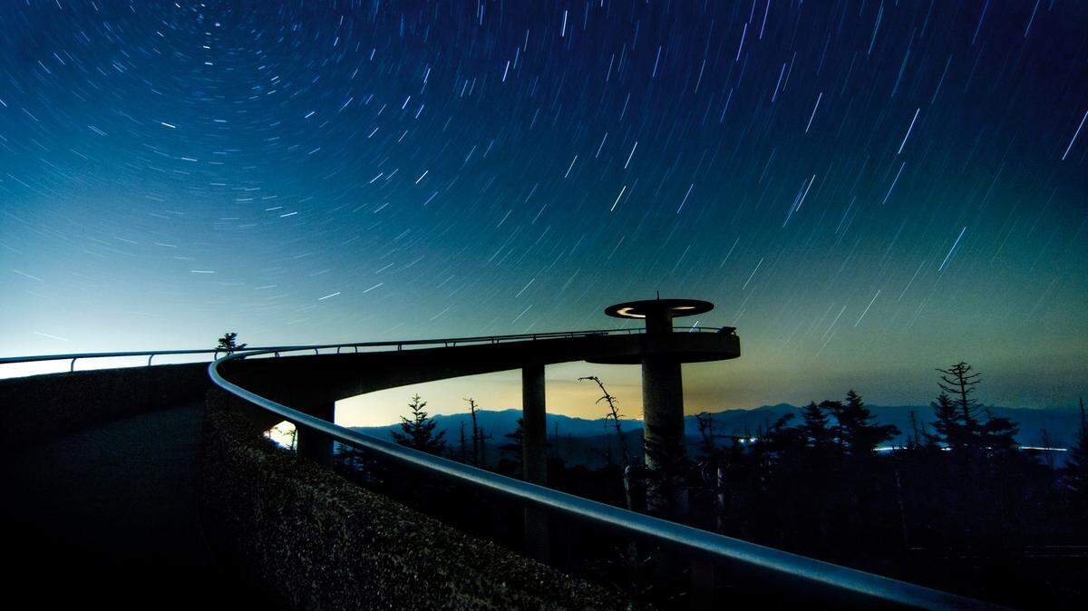 Time exposure of starry sky over Clingmans Dome Observation Tower in Great Smoky Mountains, where high wind warnings are poised to set a record.