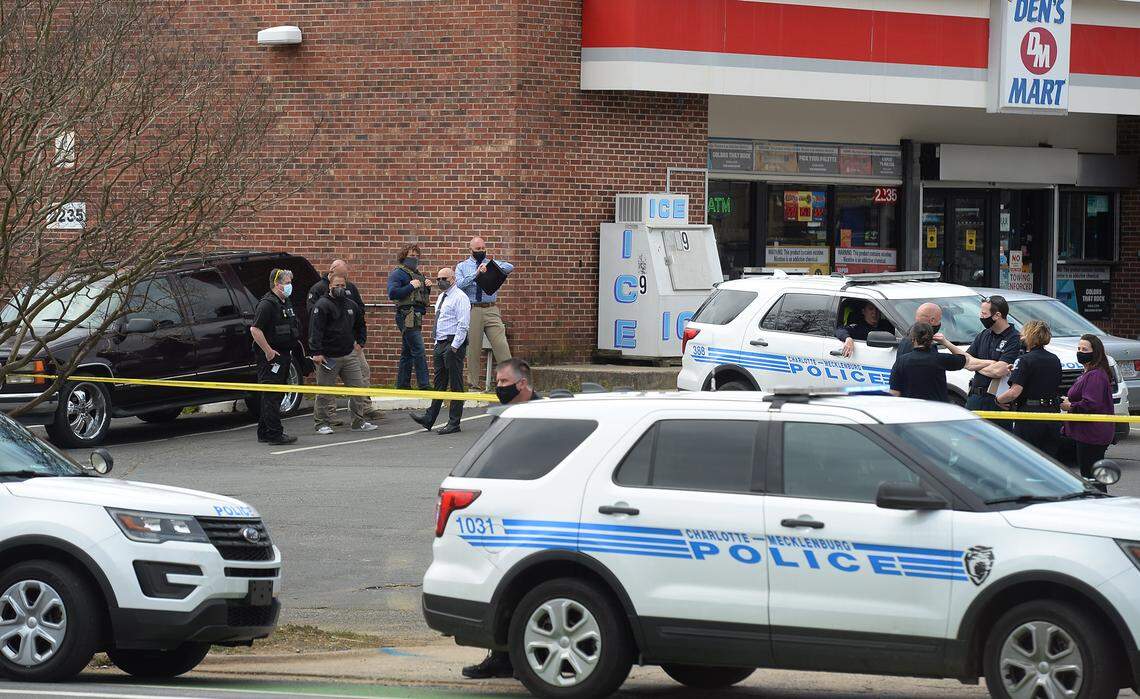 Charlotte-Mecklenburg Police investigate the scene of a shooting Tuesday, March 23, 2021 at DenÕs Mart at the corner of The Plaza and Parkwood Ave. in Charlotte, NC. LaTannya Jennings of New York said that her brother, Frankie Jennings was the victim of the shooting. Tuesday was Frankie Jennings, 32nd birthday.
