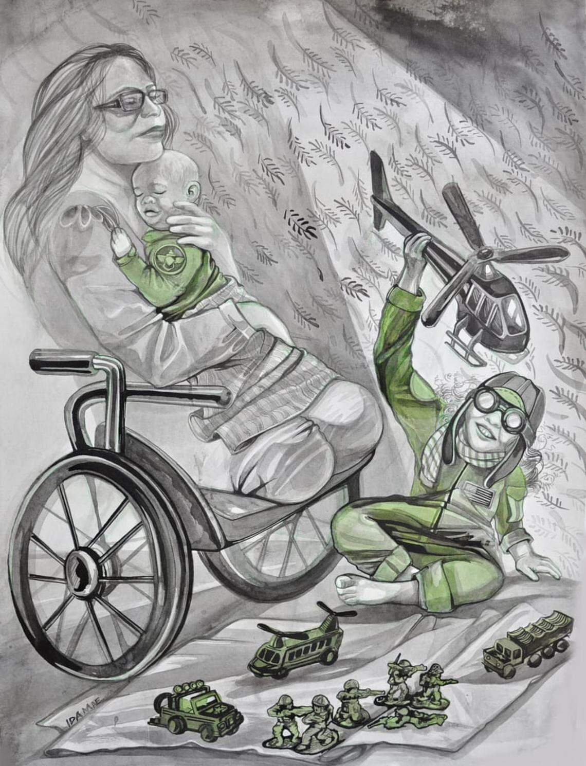 Ida Mae Irby’s ink on paper portrait of U.S. Sen. Tammy Duckworth, a retired Army National Guard lieutenant colonel and the mother of two girls. “I wanted to show how a powerful woman can influence the gender roles of girls through the life she lives,” Irby said.