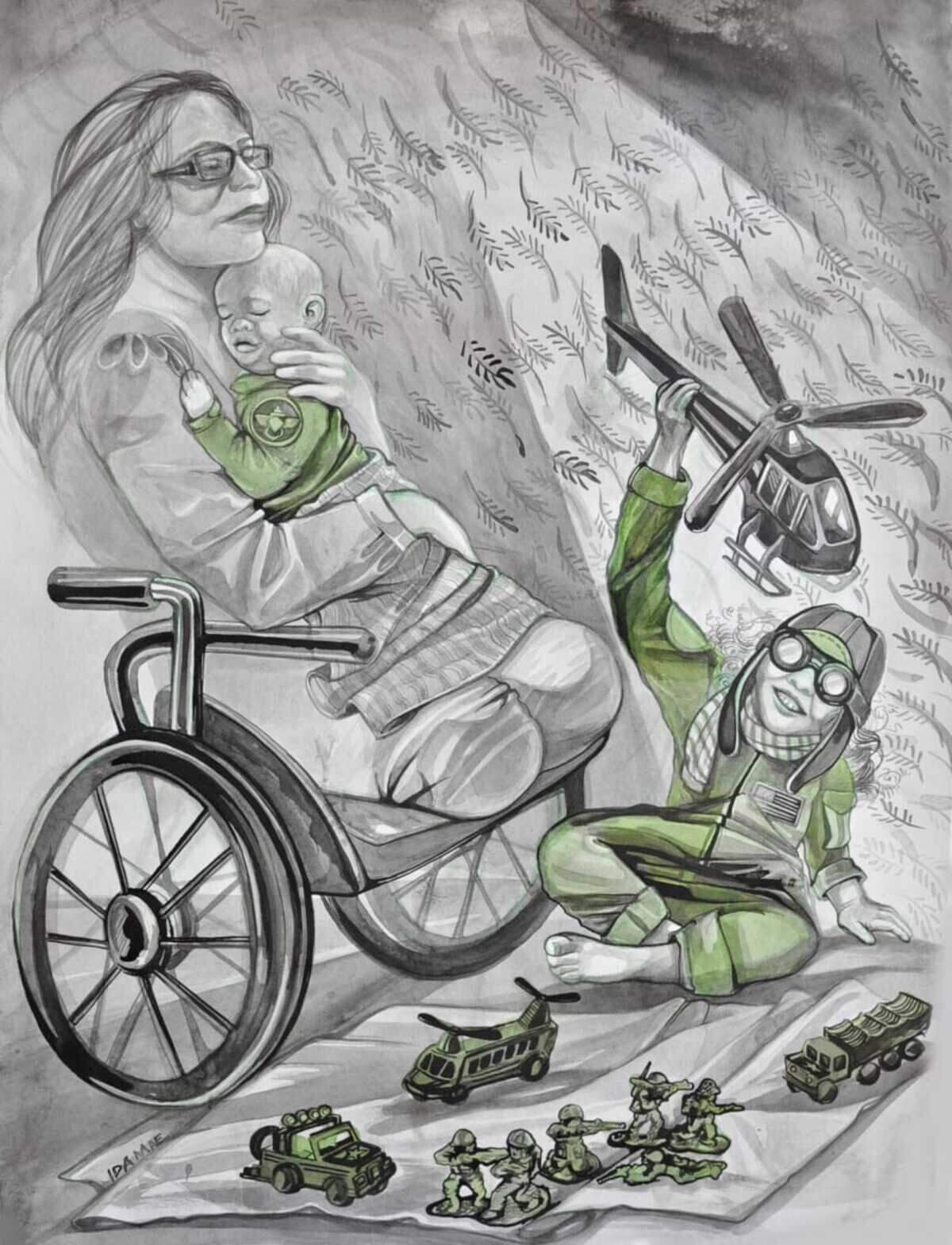 Ida Mae Irby’s ink on paper portrait of U.S. Sen. Tammy Duckworth, a retired Army National Guard lieutenant colonel and the mother of two girls. “I wanted to show how a powerful woman can influence the gender roles of girls through the life she lives,” Irby said.