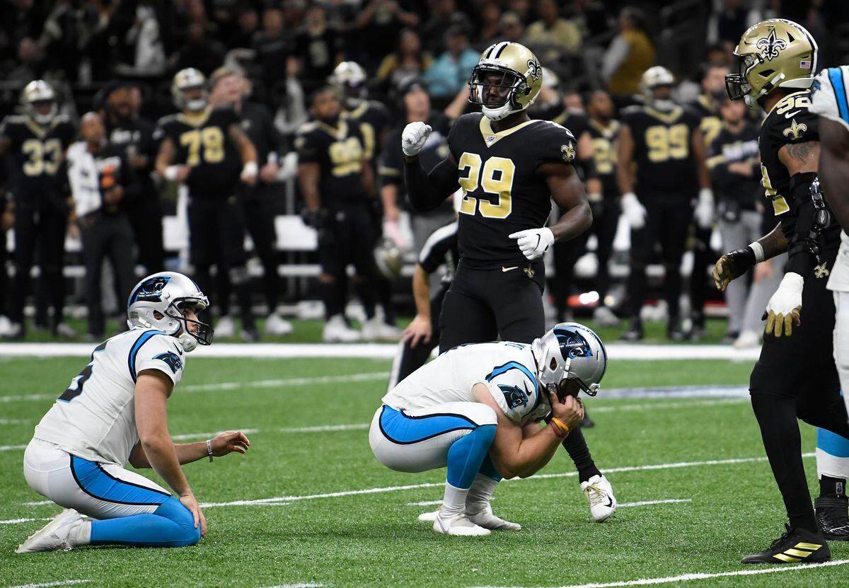 Carolina Panthers kicker Joey Slye (4) reacts after missing a 28-yard field goal against the New Orleans Saints late in the game on Nov. 24th in New Orleans. The Saints then won on a last-play field goal, 34-31.