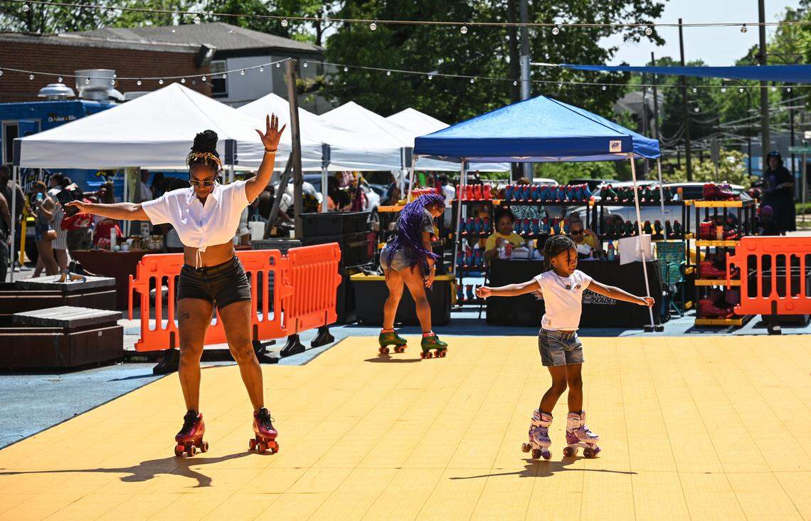Screamin’ Wheels and Blades mobile skating rink offered free skate rentals for people to skate around during the West Side Fish Fry at West Complex in Charlotte on Saturday, April 18, 2026.