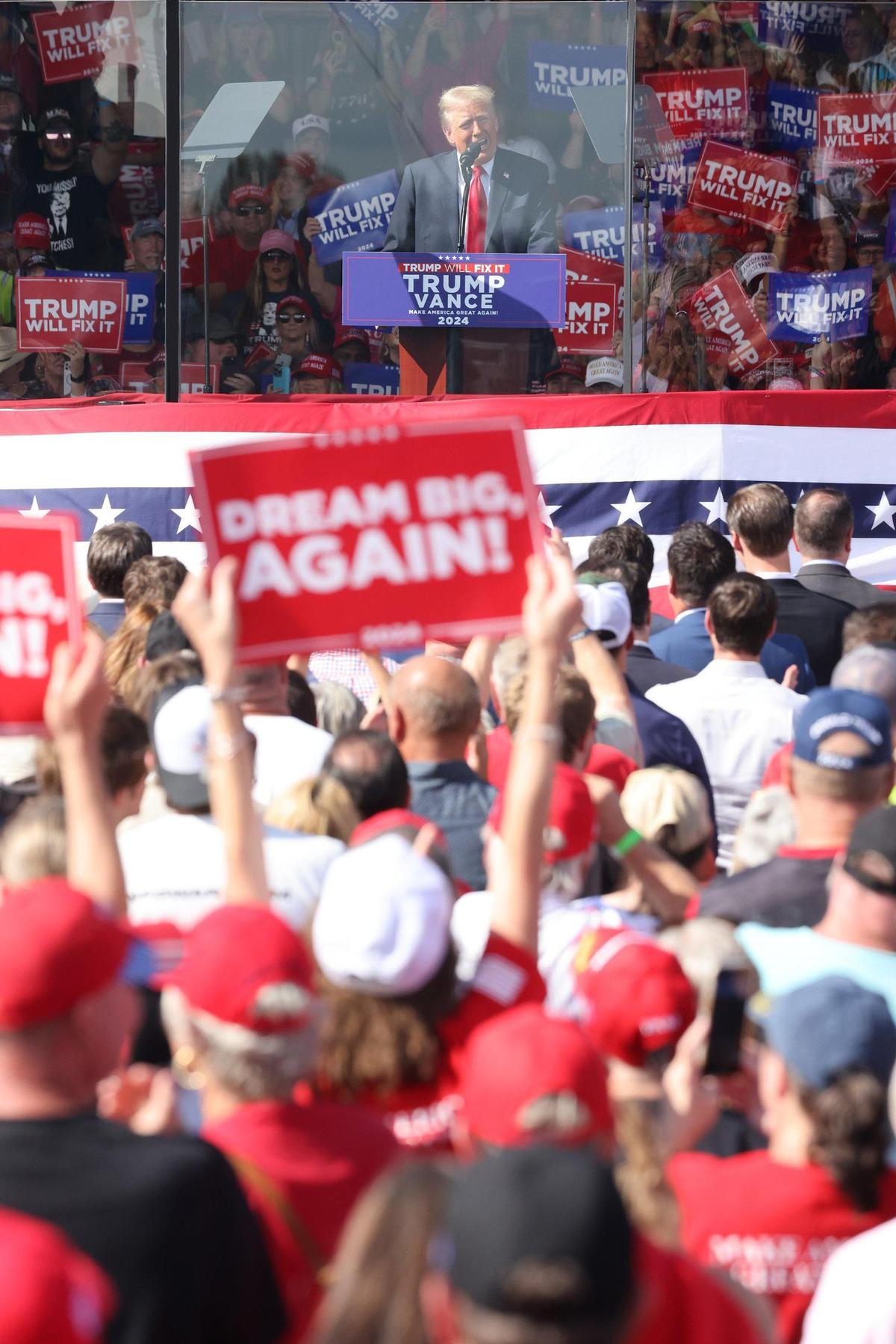 Donald Trump speaks to thousands of rally-goers in Gastonia Saturday, Nov. 2, 2024.