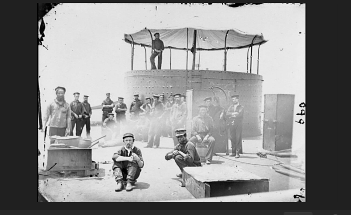 The USS Monitor had a crew capacity of 49 men who were known as the “Monitor Boys.” Sixteen died when it sank during a storm.