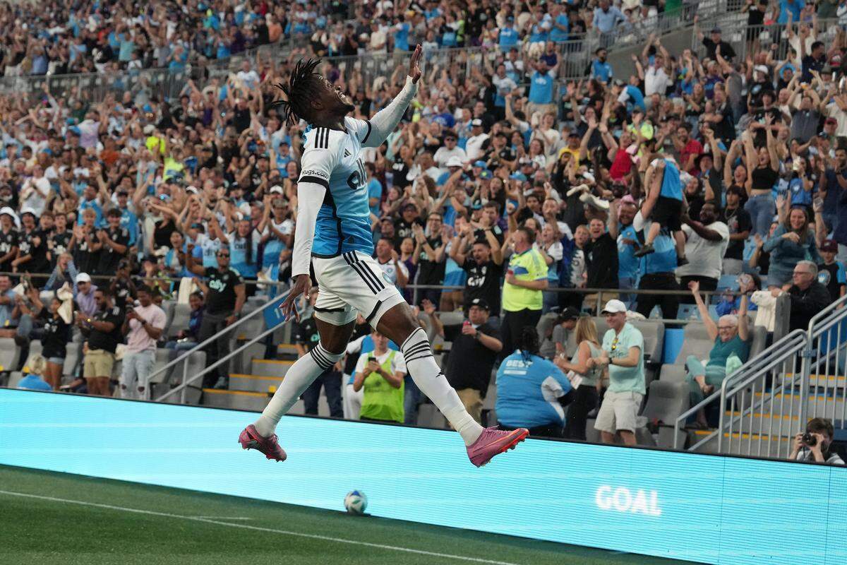 Oct 18, 2025; Charlotte, North Carolina, USA; Charlotte FC forward Wilfried Zaha (10) celebrates after scoring a goal in the first half at Bank of America Stadium. Mandatory Credit: Bob Donnan-Imagn Images