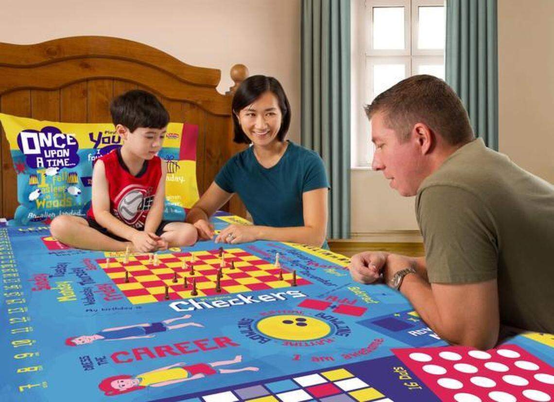 Original: The latest creation from Playtime Edventures is this four-piece set of children’s bed sheets colorfully printed with educational games. 