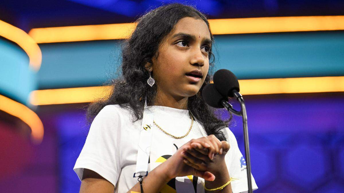 Aishwarya Kallakuri of Concord, NC, competes in the Scripps National Spelling Bee semifinals on May 28, 2025. She will take the stage for the finals Thursday, May 29, 2025.