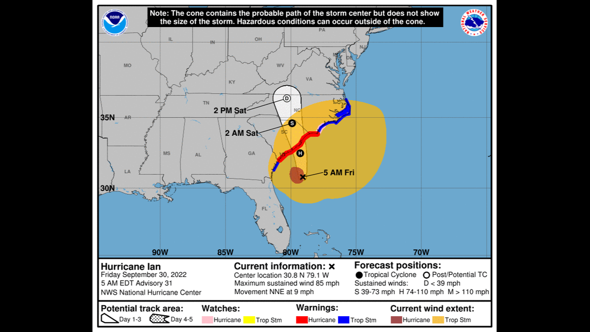 Hurricane Ian has sustained winds of 85 mph early Friday, Sept. 30, and is expected to make landfall in South Carolina.