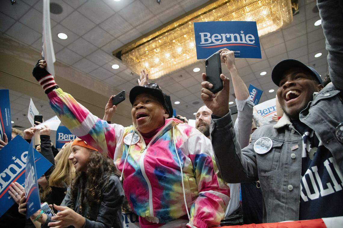 Sen. Bernie Sanders supporters cheer during a campaign rally at the Durham Convention Center Friday, Feb. 14 2020. The campaign says about 3100 people attended the event.