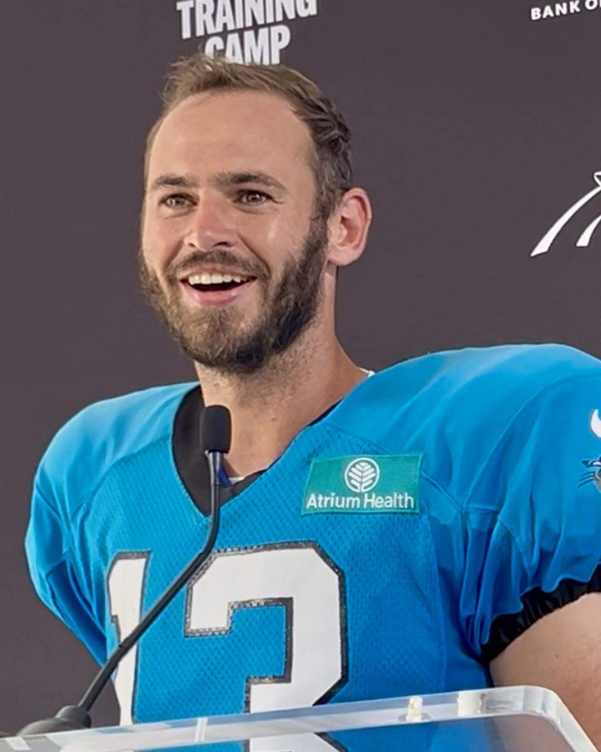 Carolina Panthers wide receiver Hunter Renfrow speaks to reporters on July 28, 2025, following a practice.