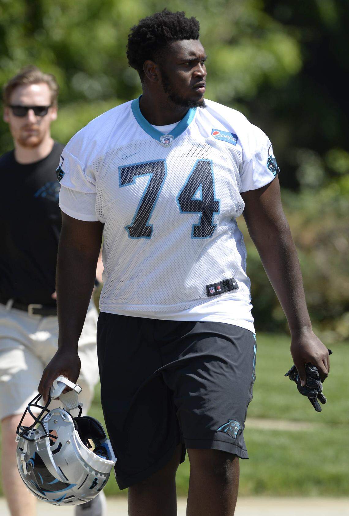 Defensive tackle Kendrick Norton (74) heads to the practice field during Day 1 of the Carolina Panthers’ rookie mini camp on Friday, May 11, 2018.