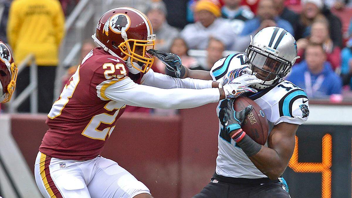 Carolina Panthers wide receiver Devin Funchess (17) played tough-guy on Sunday, against Washington defensive backs and in defense of quarterback Cam Newton.  Washington defeated the Panthers 23-17.