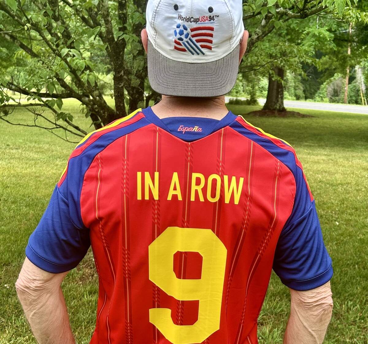 Greg Crowley got a specially designed soccer jersey for this World Cup that tells everyone he’s gone to nine World Cups in a row.