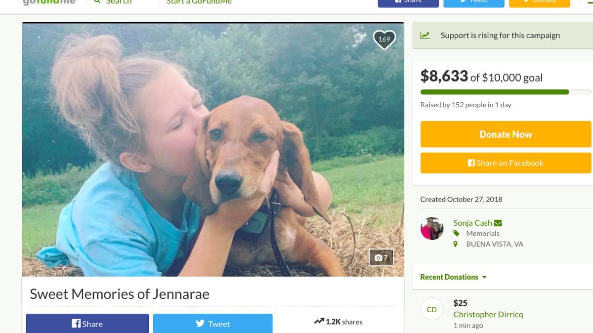 JennaRae Goodbar, 12, was struck and killed by a car in Lexington, Virginia when she chased her dog Cash into the street. Police said they were still investigating. Goodbar and the dog will be buried together.
