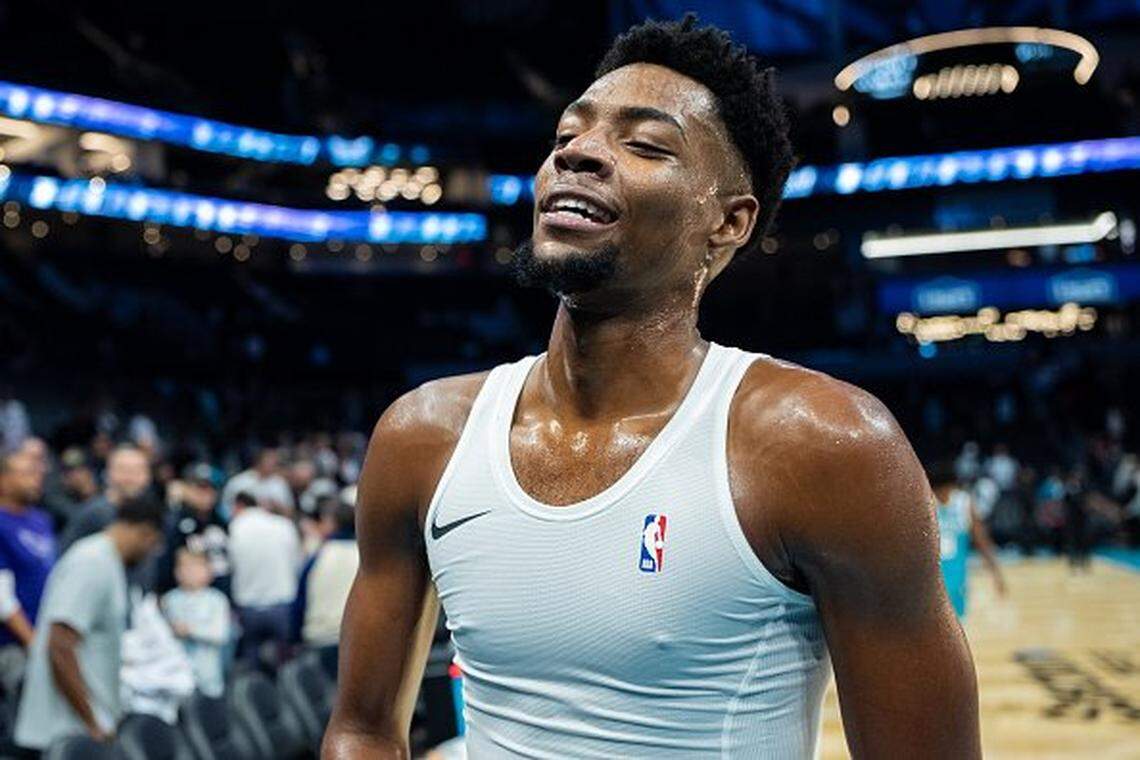 Brandon Miller #24 of the Charlotte Hornets walks off the court after defeating the Brooklyn Nets at Spectrum Center on October 22, 2025 in Charlotte, North Carolina. 