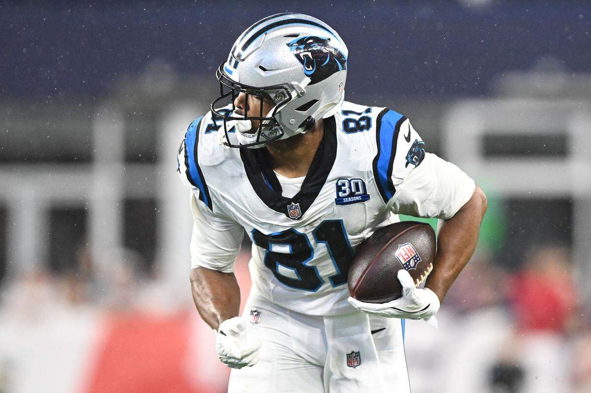 Aug 8, 2024; Foxborough, Massachusetts, USA; Carolina Panthers tight end Jordan Matthews (81) rushes against the New England Patriots during the first half at Gillette Stadium. Mandatory Credit: Brian Fluharty-USA TODAY Sports