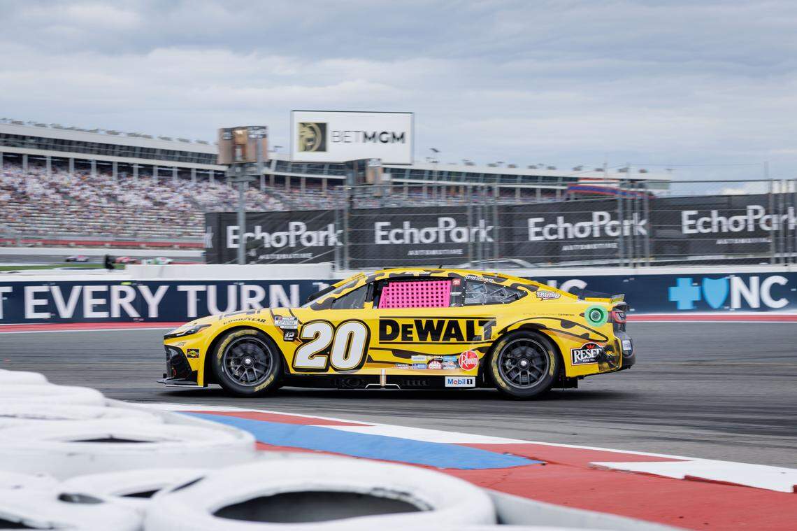 Joe Gibbs Racing's Christopher Bell (#20) makes a turn during the Bank of America Roval 400 on Sunday, Oct. 5, 2025, at Charlotte Motor Speedway.