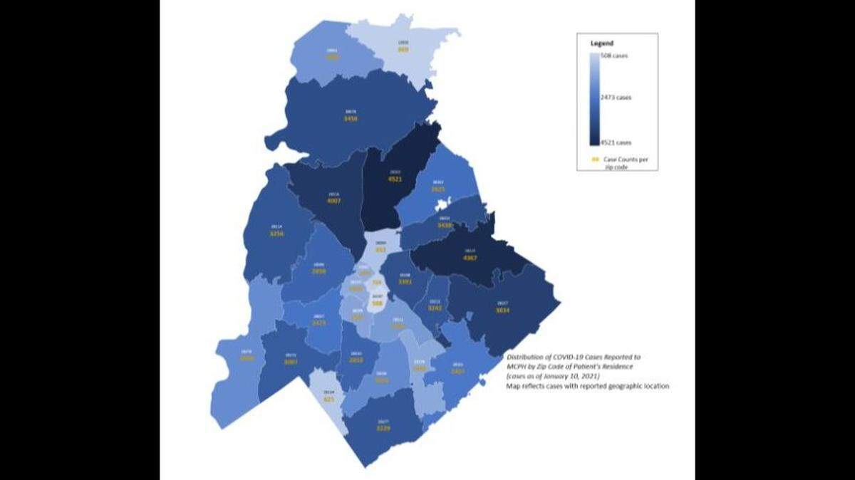 Map showing cumulative COVID-19 cases in Mecklenburg County by ZIP code as of Jan. 10, 2021.  