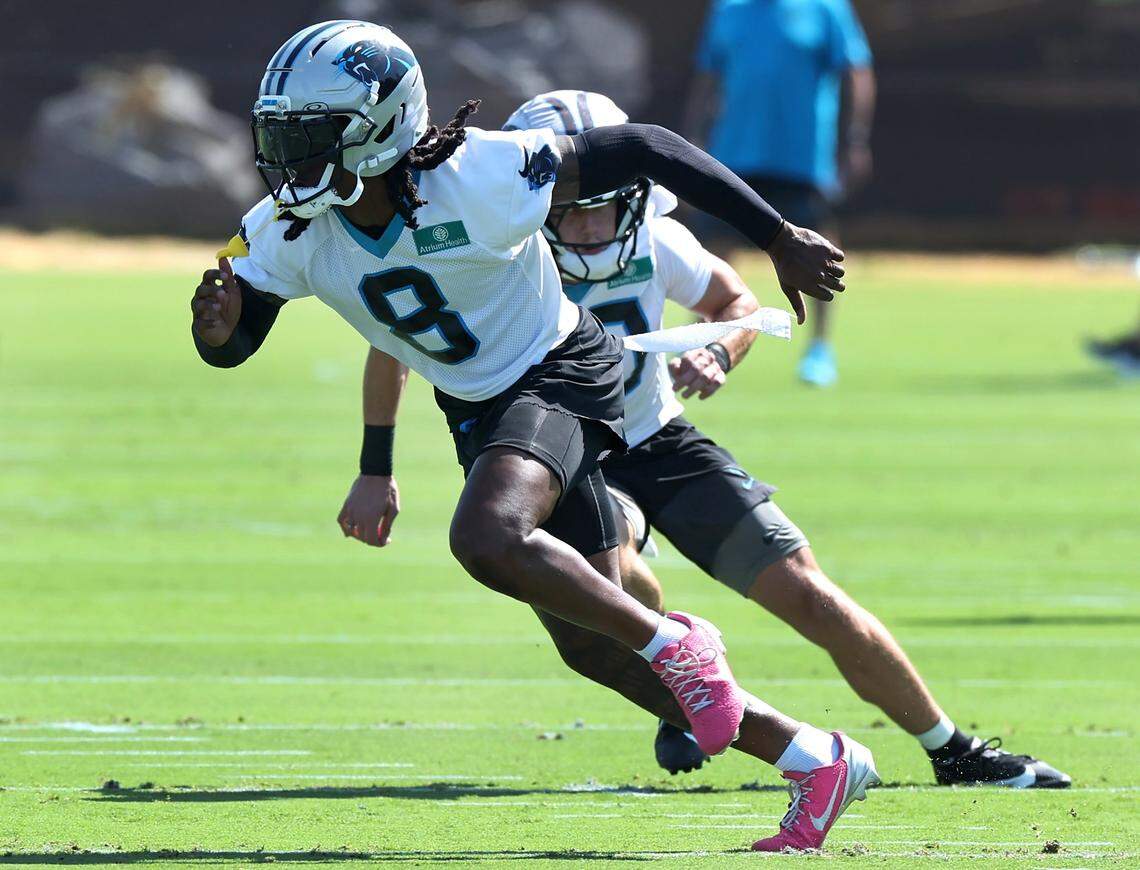 Carolina Panthers cornerback Jaycee Horn breaks back across the field during a training camp practice on Wednesday, July 23, 2025.
