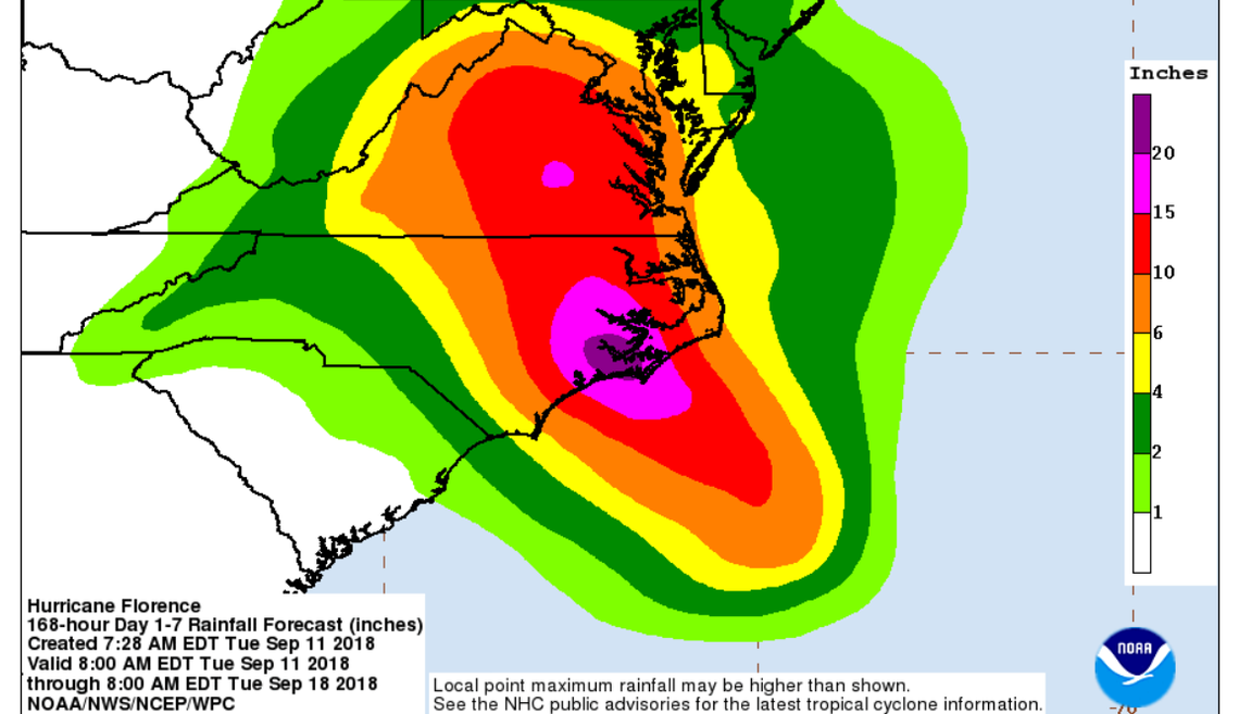 Latest rain predictions for Hurricane Florence in the Carolinas and Virginia.