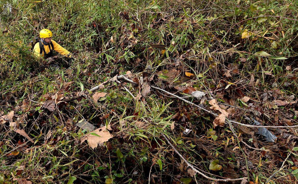 A member of the Charlotte Fire rescue team walks through dense overgrowth at the Hiddenite Family Campground in Hiddenite, NC on Friday, November 13, 2020. Rescue personnel found the body of a male shortly after 11 a.m. on Friday. The campground is located along the Yadkin River.