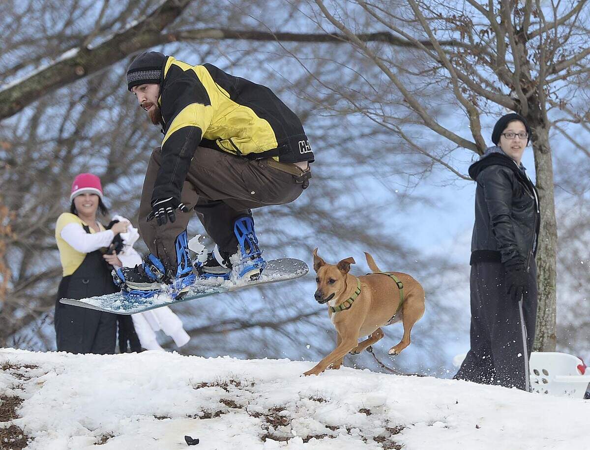 Michael Robinson of Charlotte catches air on his snow board while his dog Charlie chases after him at Cordelia Park in the Villa Heights neighborhood in Charlotte Feb. 13, 2014.