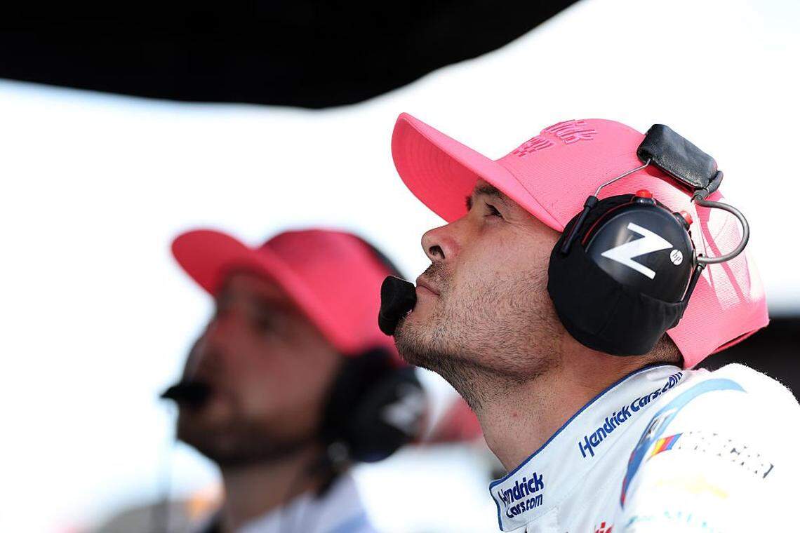 Kyle Larson, driver of the #5 HendrickCars.com Chevrolet, looks on during qualifying for the NASCAR Cup Series Bank of America ROVAL 400 at Charlotte Motor Speedway on Oct. 4, 2025 in Concord, North Carolina. 