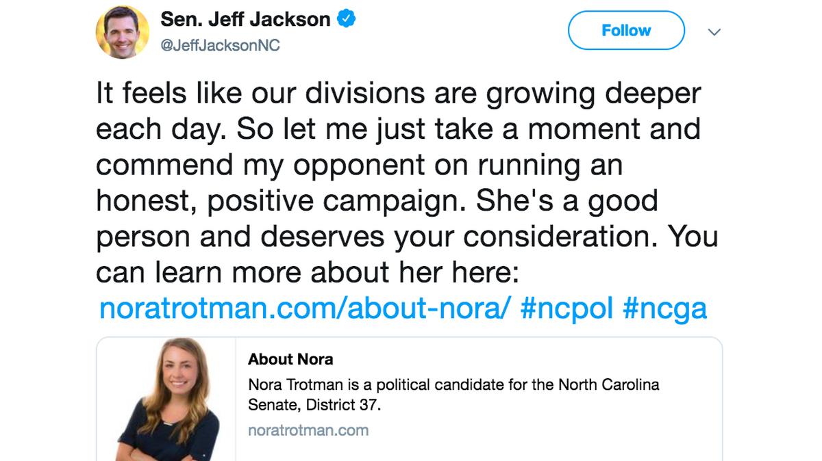 A North Carolina Senate race in Charlotte is bucking the norm, as the candidates say only polite things about each other and stick to running “positive” campaigns in the race’s final weeks.