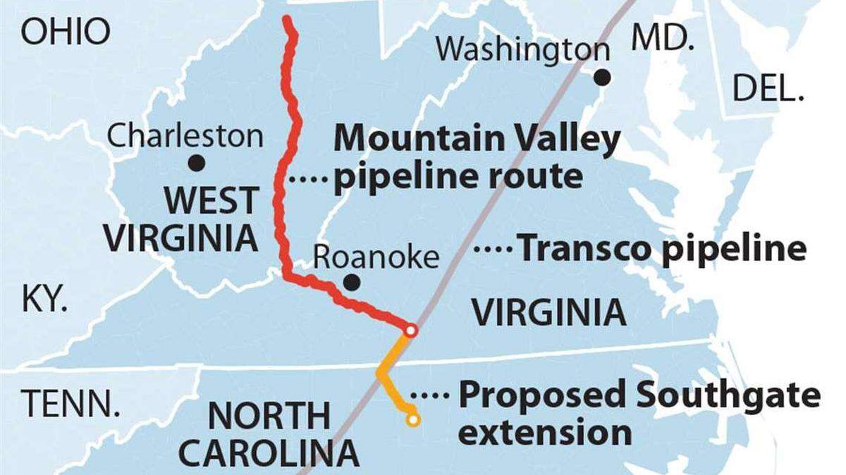 The controversial MVP Southgate project would start in Chatham, Virginia before entering North Carolina just northeast of Eden in Rockingham County. The pipeline, which would carry fracked gas, would then turn southeast and pass by Reidsville and Graham before ending just south of I-40 in Alamance County.