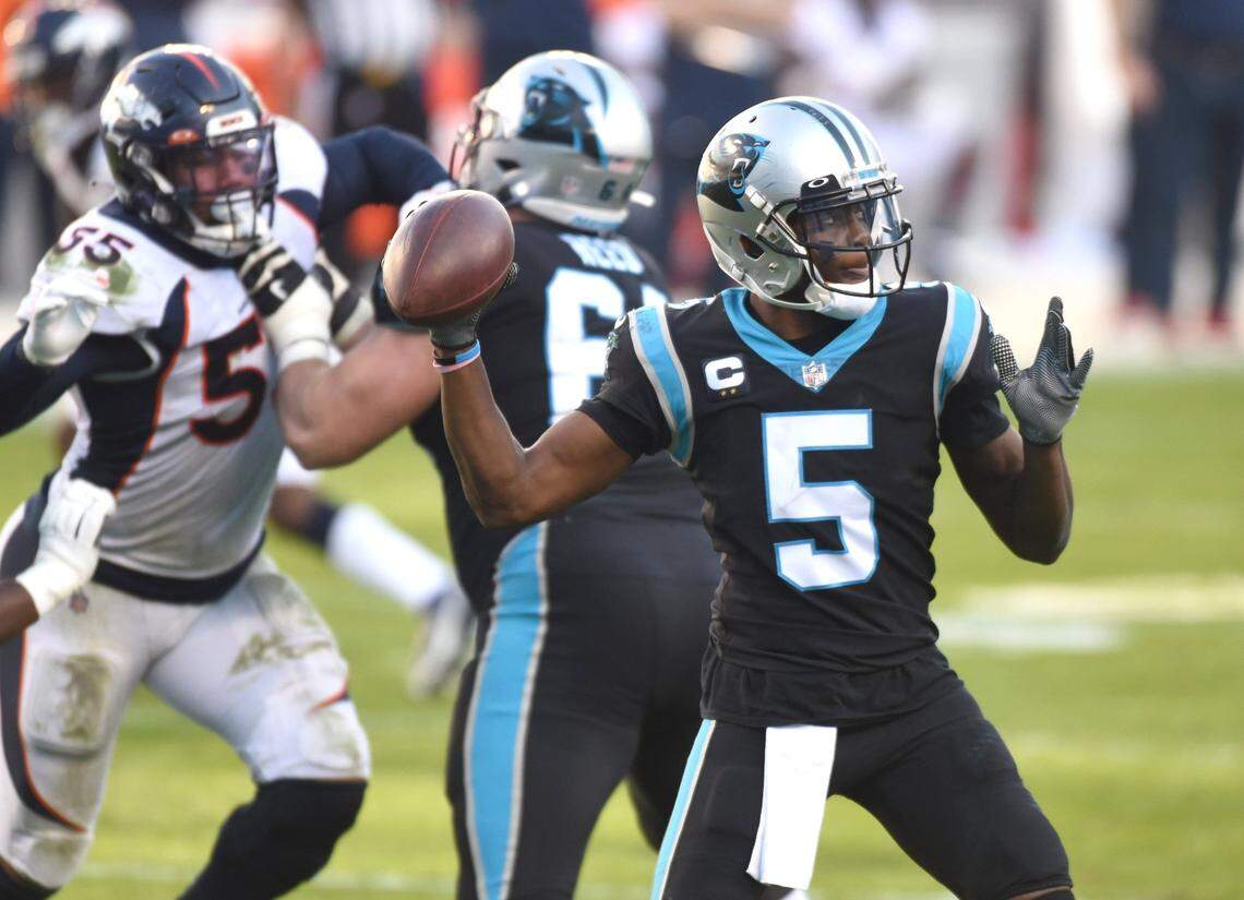Carolina Panthers quarterback Teddy Bridgewater passes to a receiver during fourth quarter action against the Denver Broncos on Sunday, December 13, 2020 at Bank of America Stadium in Charlotte, NC.
