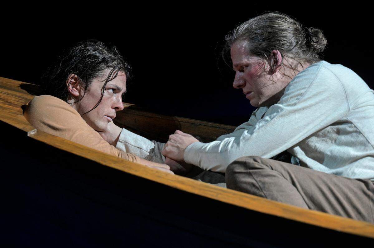 Adrian Blake Enscoe, as Little Brother, and Stark Sands as Big Brother, in the 2022 world premiere of “Swept Away” at Berkeley Repertory Theatre in California. They are reprising their roles when the show opens in November in Washington, D.C.’s Arena Stage.