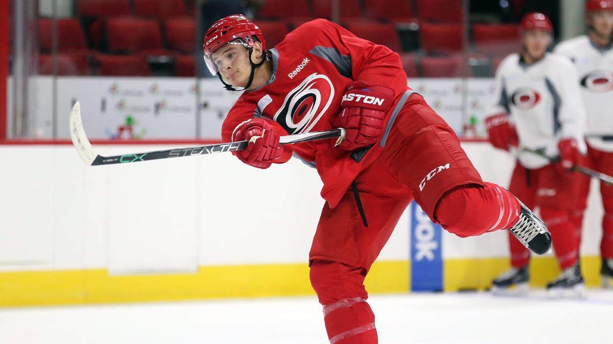 Julien Gauthier (44) fires a shot as the Carolina Hurricanes hold their prospect camp at PNC Arena in Raleigh, N.C. on July 6, 2016. He was the second of two picks the Canes had in the first round of the 2016 NHL draft.