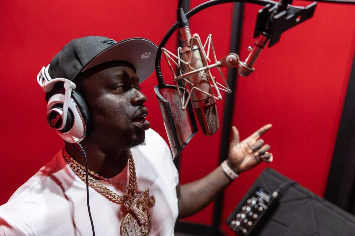 Charlotte rapper Fetty P Franklin poses for a portrait in the recording studio at Gat3 Productions in Charlotte, N.C., on Thursday, June 11, 2026.