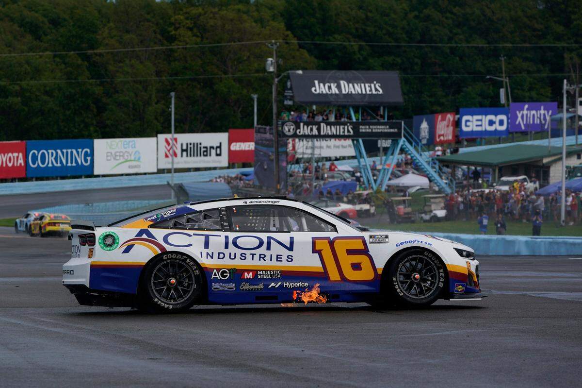AJ Allmendinger spins out on the first turn during a NASCAR Cup Series auto race in Watkins Glen, N.Y., Sunday, Aug. 21, 2022. (AP Photo/Seth Wenig)