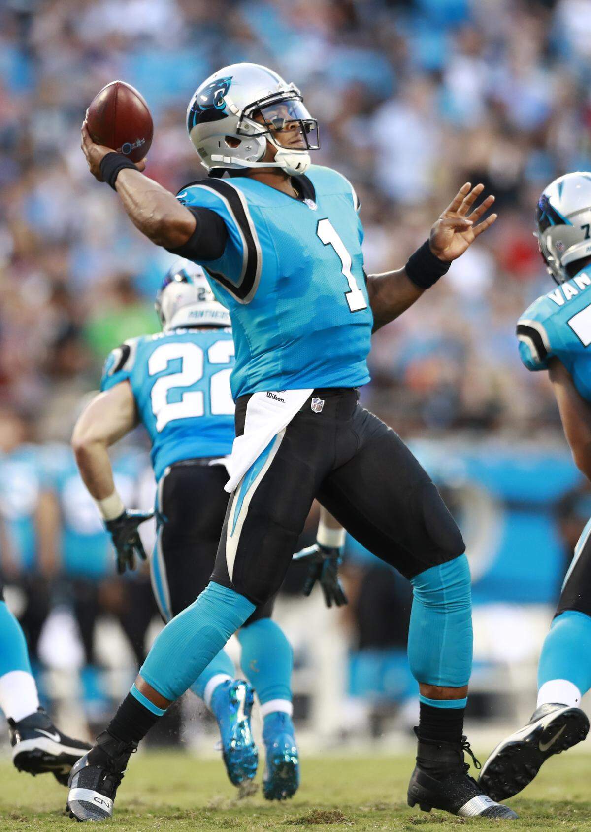 Carolina Panthers’ Cam Newton (1) finished the preseason with a 68.4 completion percentage.  (AP Photo/Jason E. Miczek)