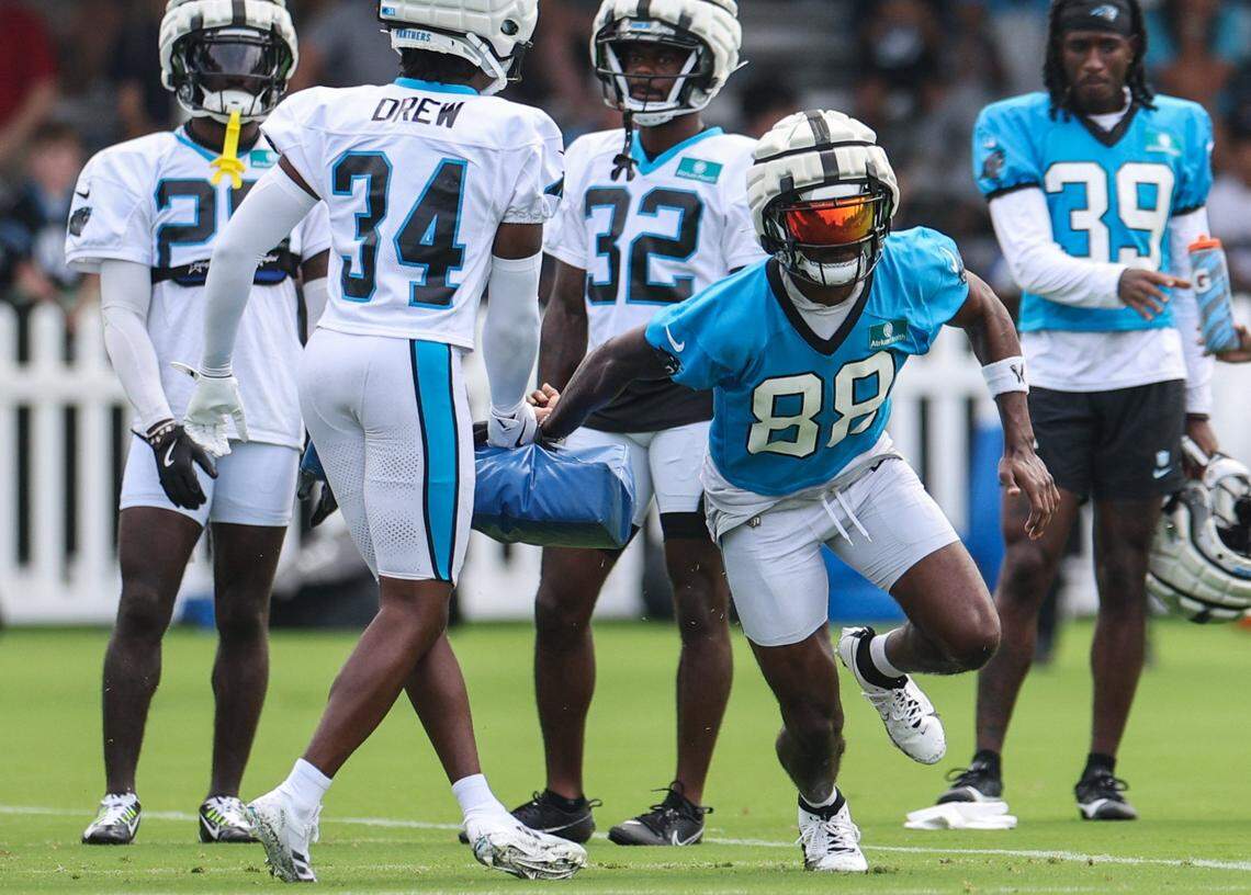 Panthers wide receiver Terrace Marshall, Jr. (88) runs through a drill during training camp practice in Charlotte, NC on Monday, July 29, 2024.