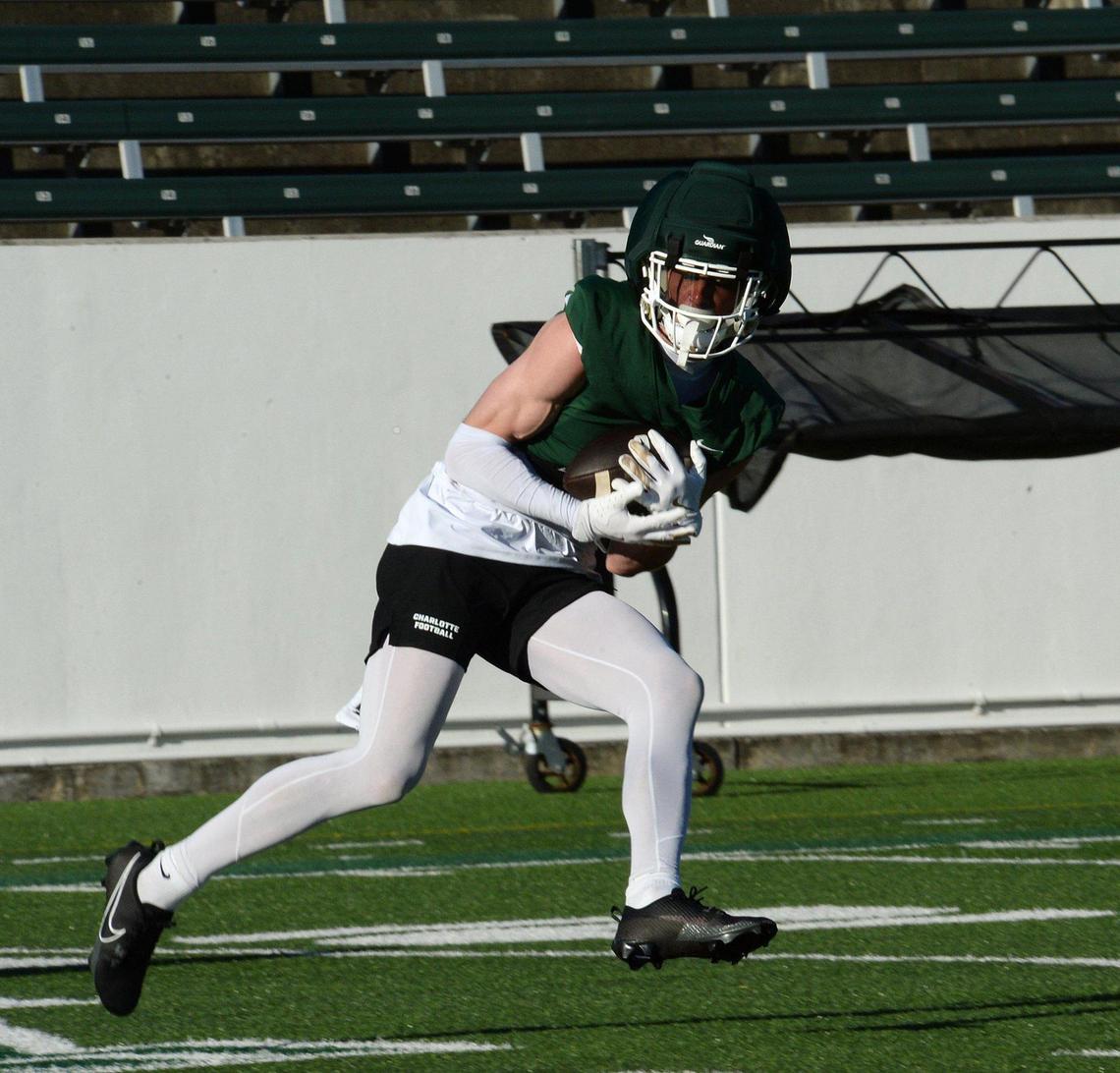Charlotte 49ers wideout Sean Brown catches a pass during practice. 