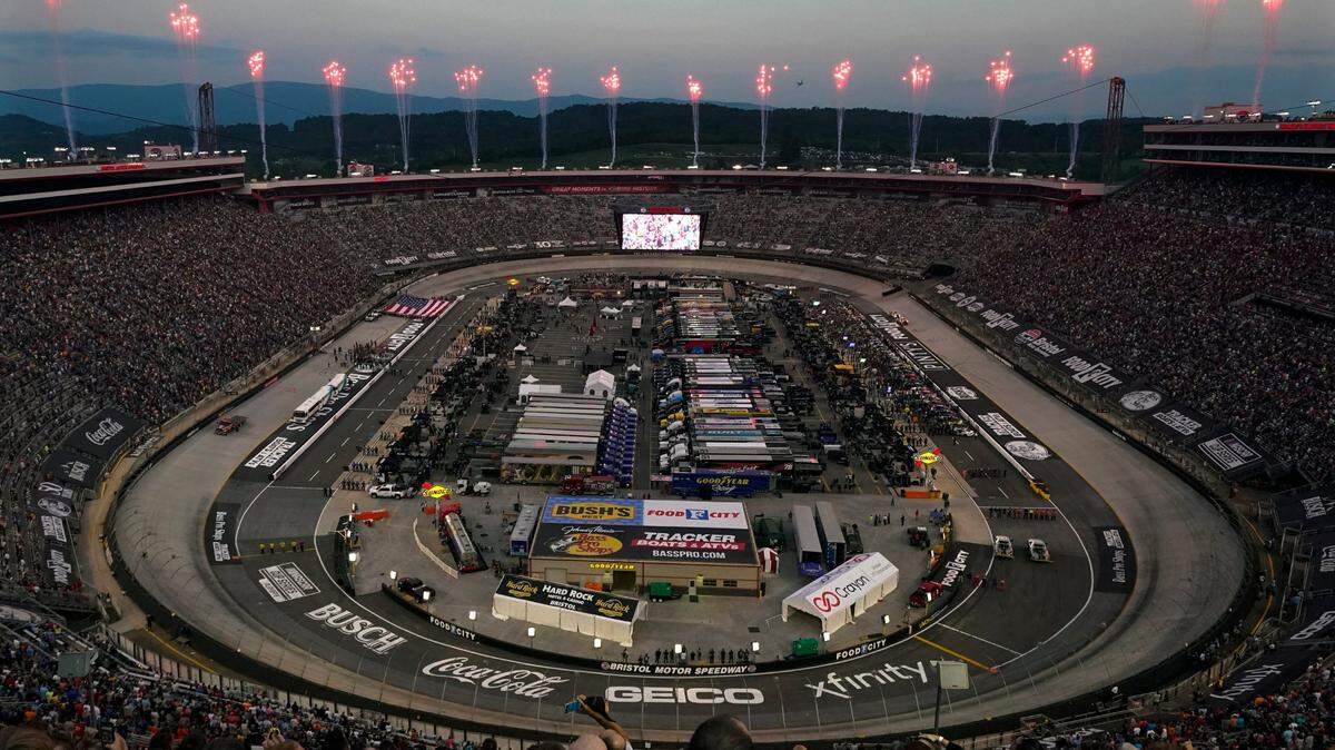 Fireworks go off during ceremonies before a NASCAR Cup Series auto race at Bristol Motor Speedway Saturday, Sept. 17, 2022, in Bristol, Tenn. (AP Photo/Mark Humphrey)