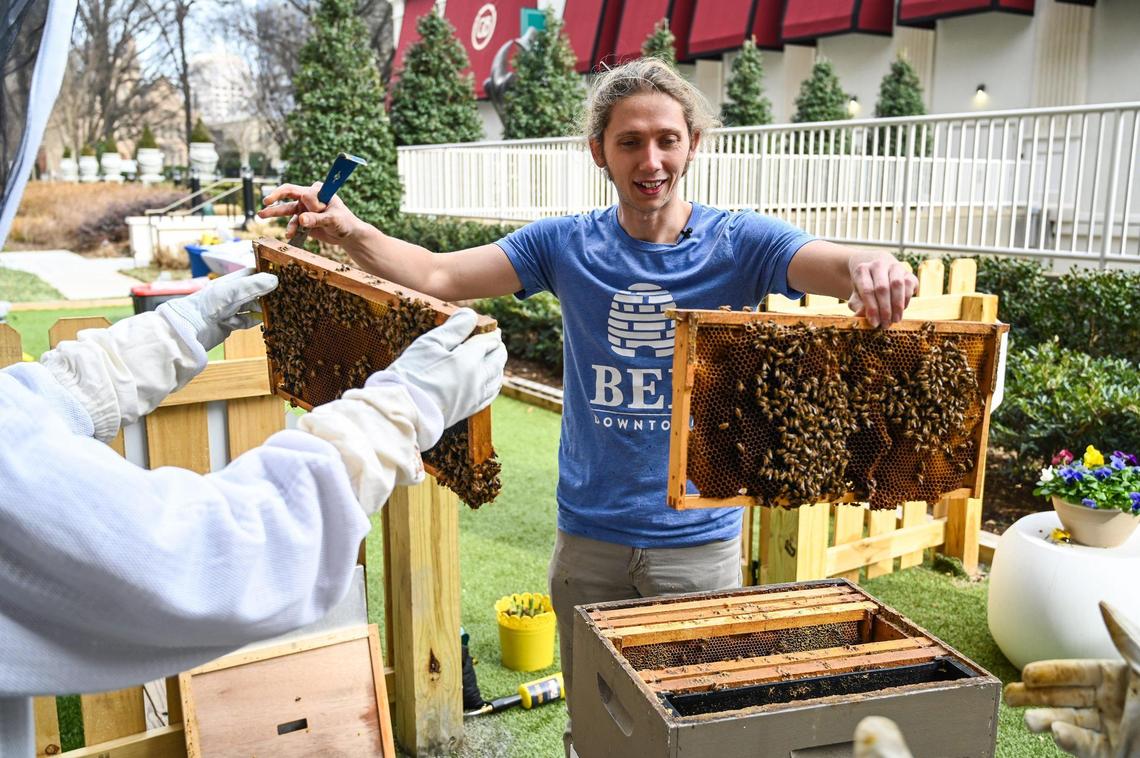 Head beekeeper for BEE Downtown, Harrison Bolton, hands panels from two different bee hives to employees of the property management team for Carillon Tower so they can feel the difference in weight on Wednesday, February 2, 2022 in Charlotte, NC.