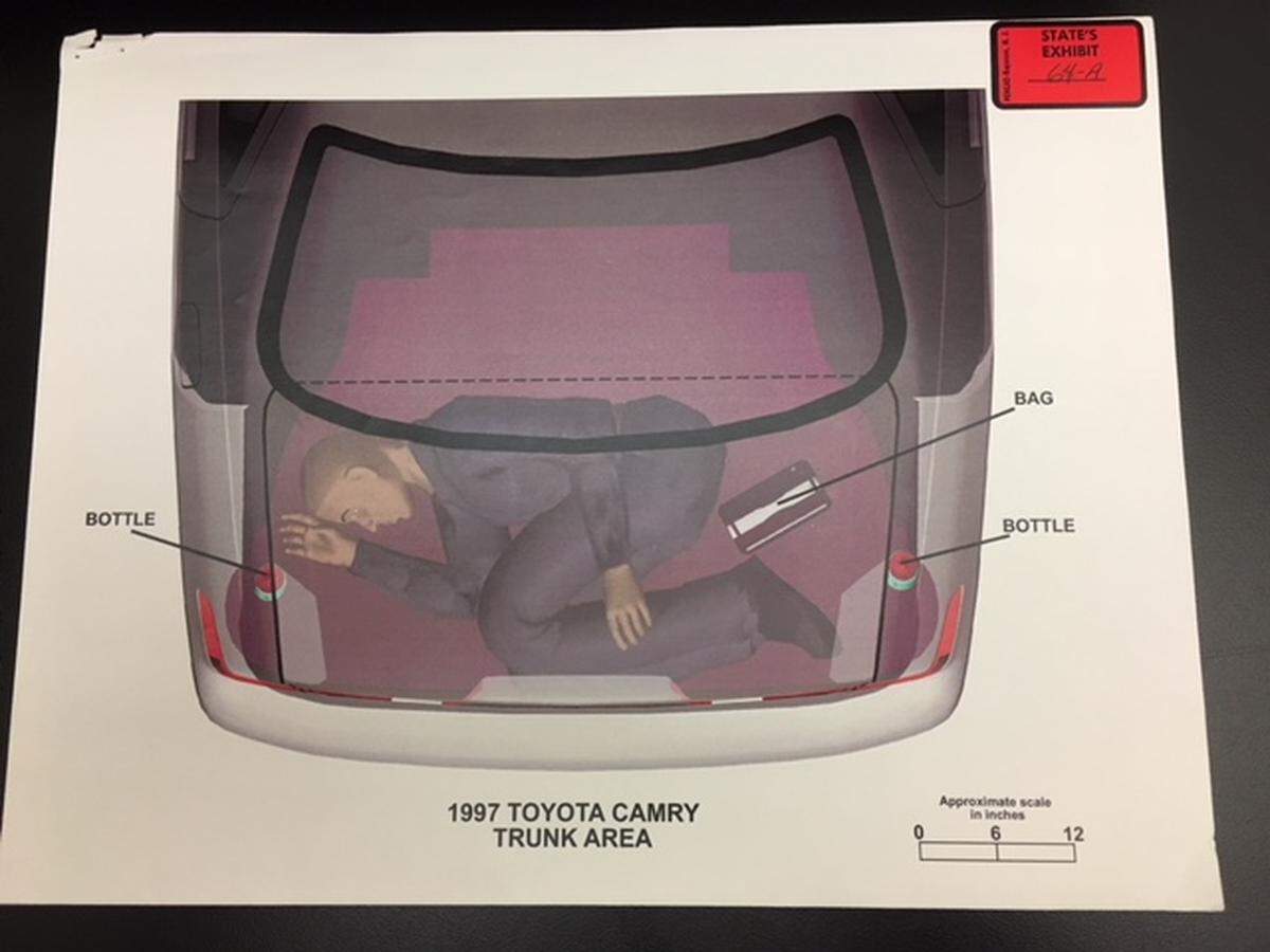 The courtroom diagram of Rae Carruth in the trunk of a Toyota Camry is part of the evidence stored in the case file. FBI agent Mark Post had the diagram made to show the Carruth’s position in the trunk when he was captured.