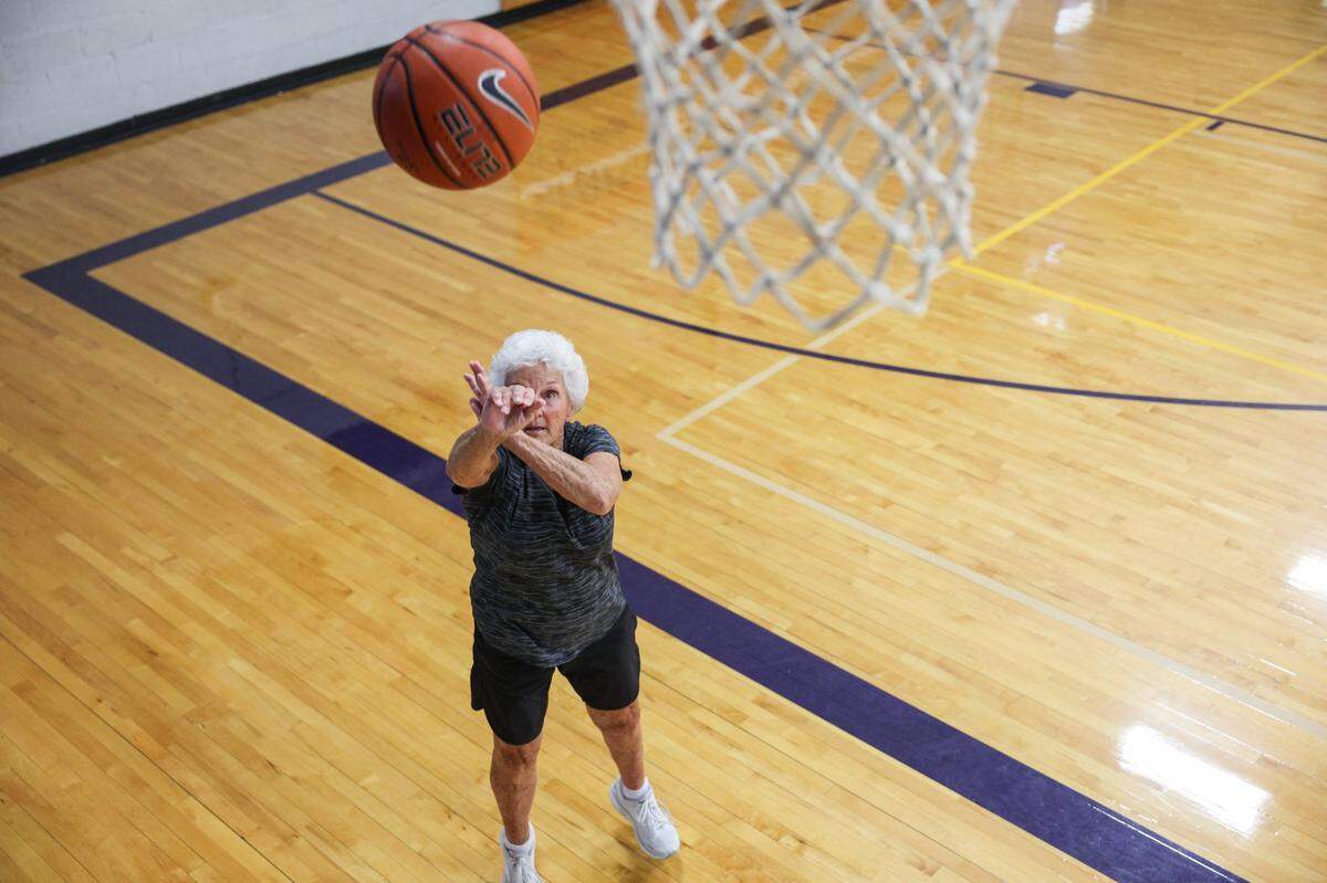 Gail Eppley, 86, practices shooting at an open basket at the CB Huss Recreational Center in Cramerton, NC on Thursday, June 27, 2025. Next Month Eppley will compete in the National Senior Games in Des Moines, Iowa.