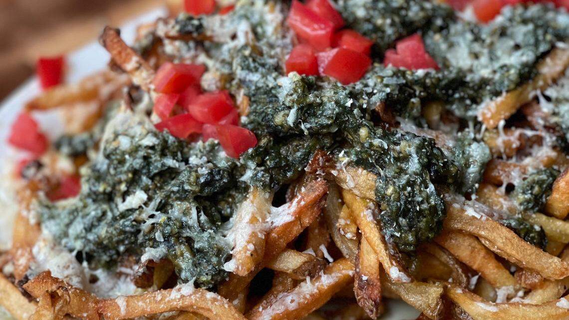 Crepe Cellar’s Pesto Brie Fries: Hand-cut French fries are fried twice for extra crispiness and come topped with a traditional pine nut basil pesto, brie and tomatoes.