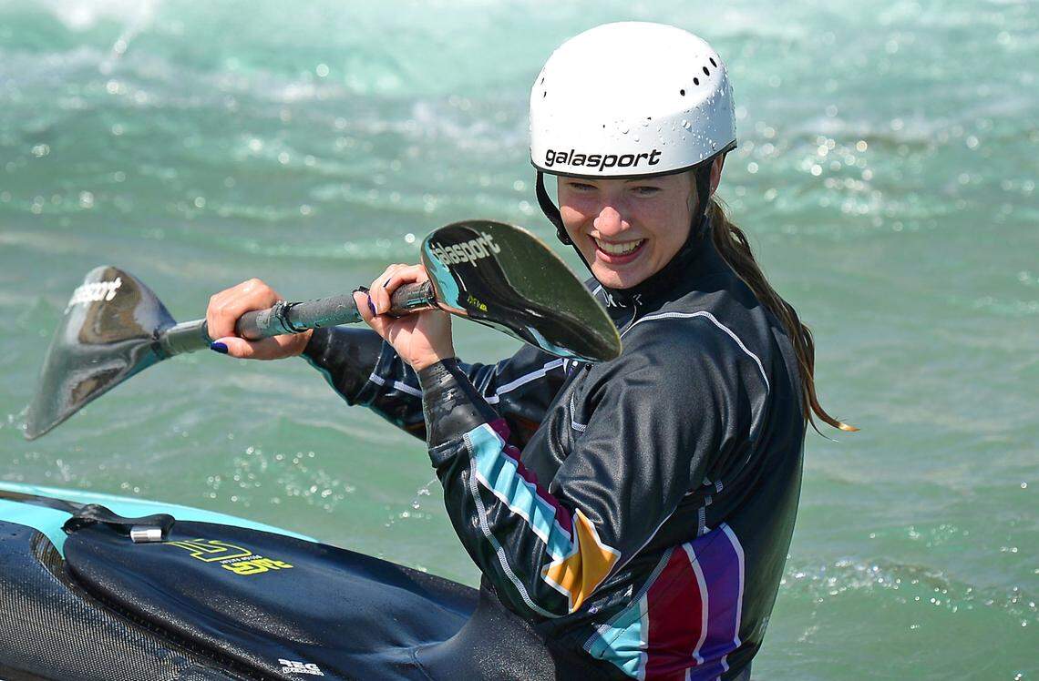 “It’s something that I’ve been wanting since I was so young, and to actually know that I was going was just a crazy feeling,” says Evy Leibfarth, shown practicing last week at the U.S. National Whitewater Center, of qualifying at the trials in the same man-made river.