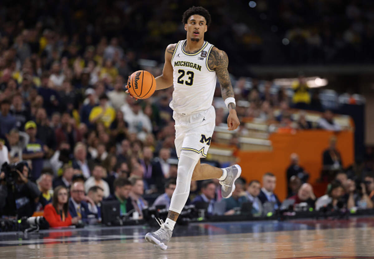 Yaxel Lendeborg of the Michigan Wolverines looks on during the second half of a game against the UConn Huskies in the National Championship of the 2026 NCAA Men's Basketball Tournament at Lucas Oil Stadium.