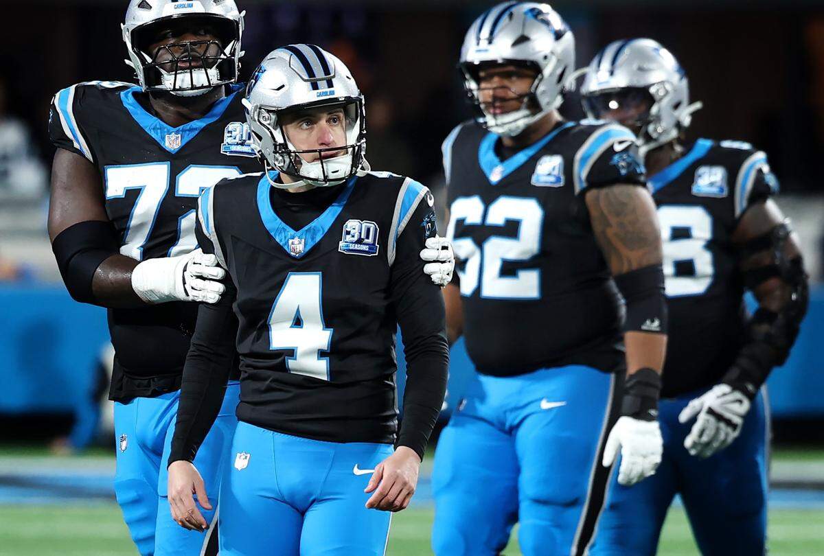 Carolina Panthers kicker Eddy Pineiro watches a replay of his second missed field goal attempt against the Tampa Bay Buccaneers at Bank of America Stadium in Charlotte, NC on Sunday, December 1, 2024. The Buccaneers defeated the Panthers in overtime 26-23.