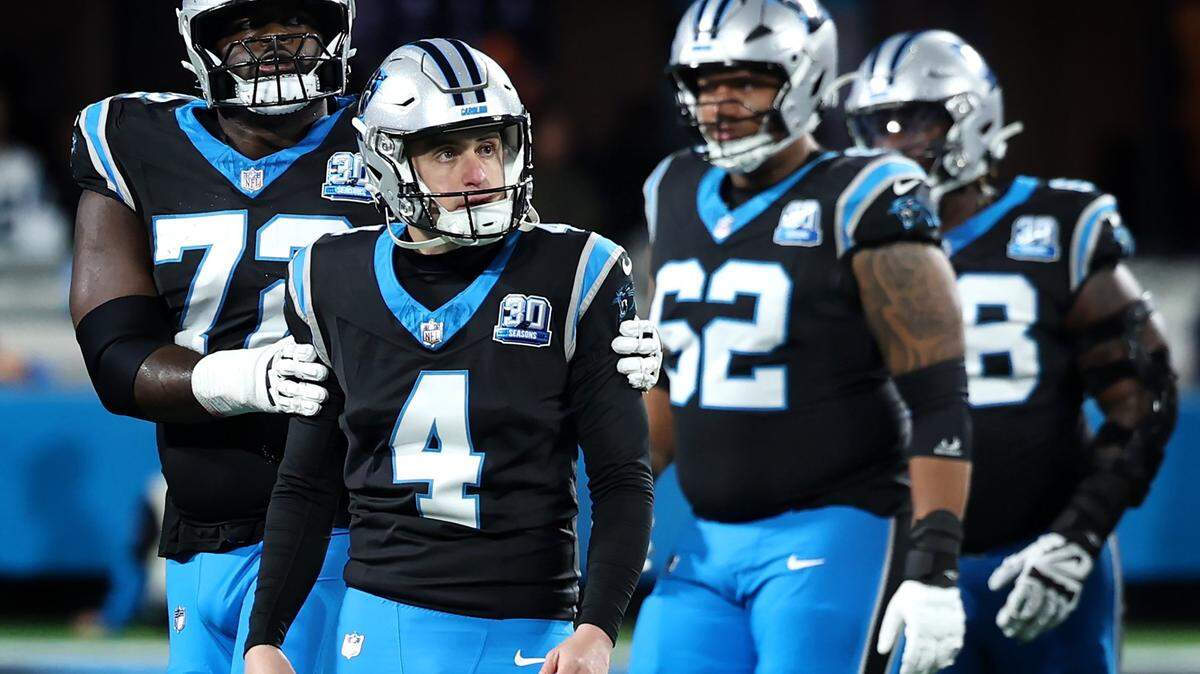 Carolina Panthers kicker Eddy Pineiro watches a replay of his second missed field goal attempt against the Tampa Bay Buccaneers at Bank of America Stadium in Charlotte, NC on Sunday, December 1, 2024. The Buccaneers defeated the Panthers in overtime 26-23.