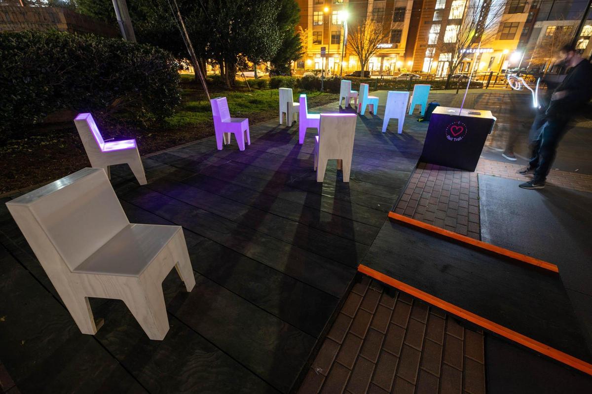 Seating ReArrangement by Ellie Richards is at the Dilworth Artisan Station Plaza. 118 Kingston Ave.