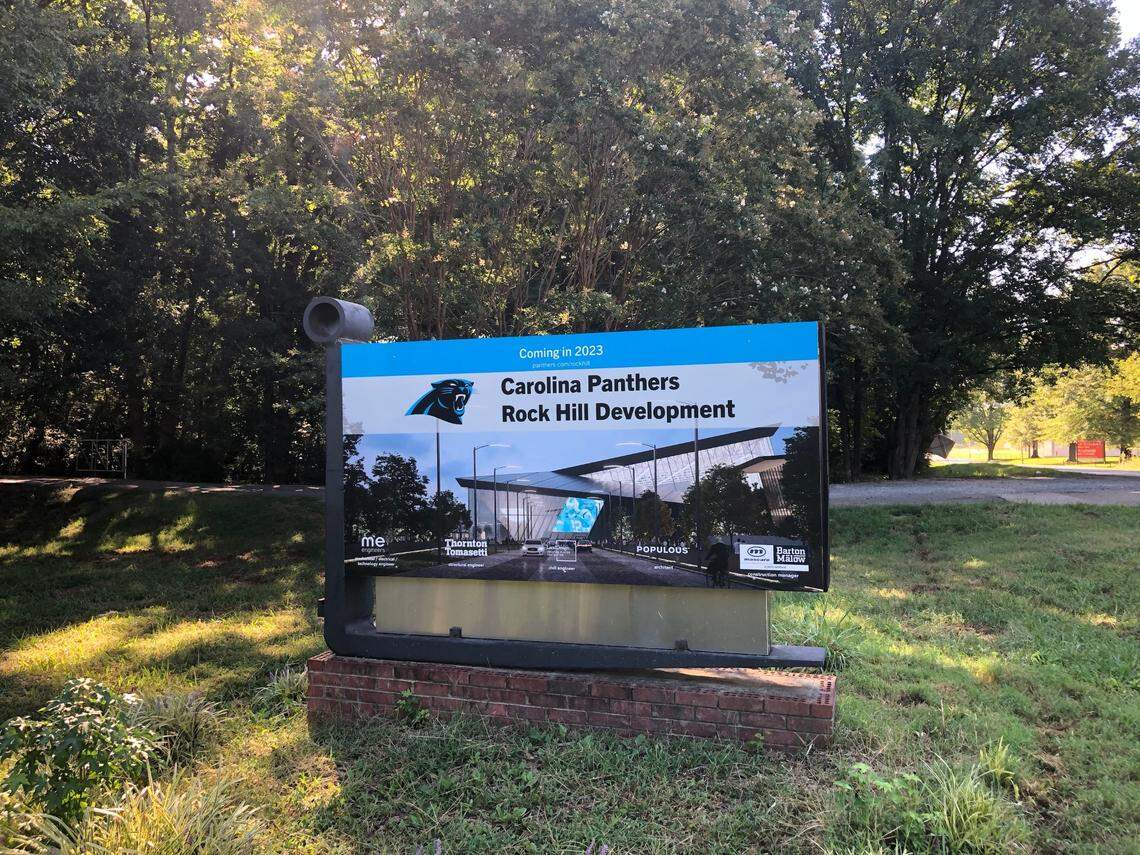 This sign once introduced the new Carolina Panthers’ facility in Rock Hill, which remains half-built and mired in a messy financial dispute.