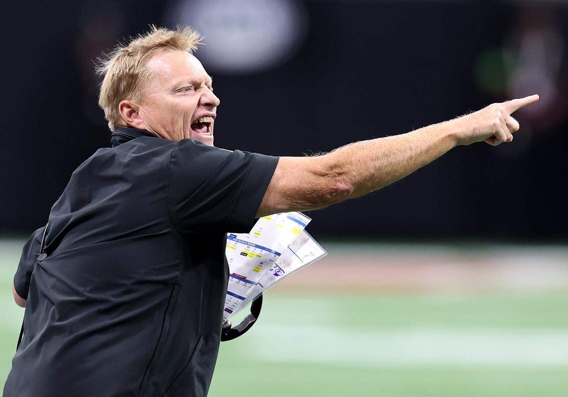 Carolina Panthers special teams coordinator Chris Tabor yells instructions to players during action against the Atlanta Falcons at Mercedes-Benz Stadium in Atlanta, GA on Sunday, September 10, 2023. The Falcons defeated the Panthers 24-10.