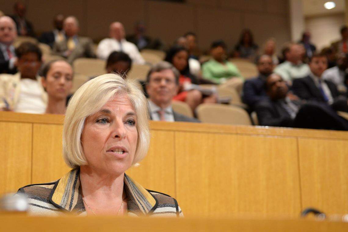 Mecklenburg County Manager Dena Diorio presents her budget proposal to the county commission in 2017.